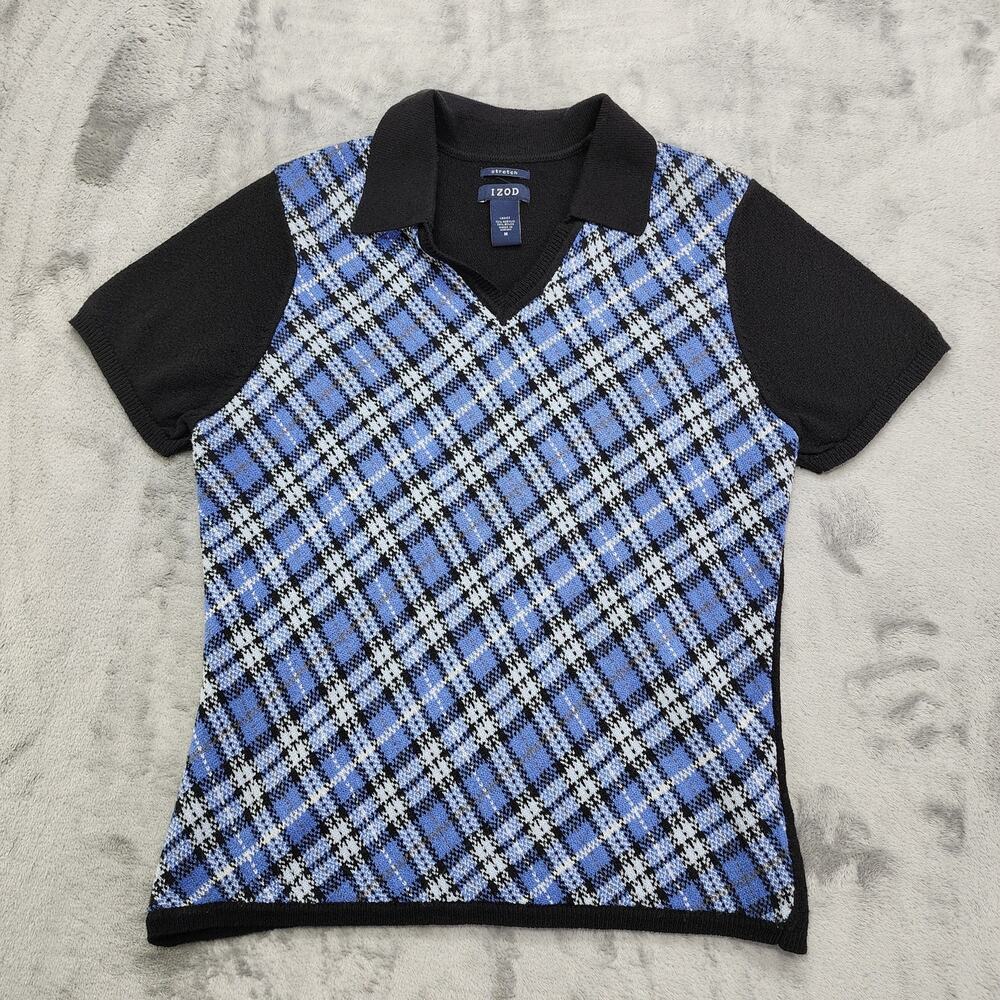 Vintage 90s IZOD Sweater Womens M Blue Plaid Short Sleeve Collared‎ Golf Polo